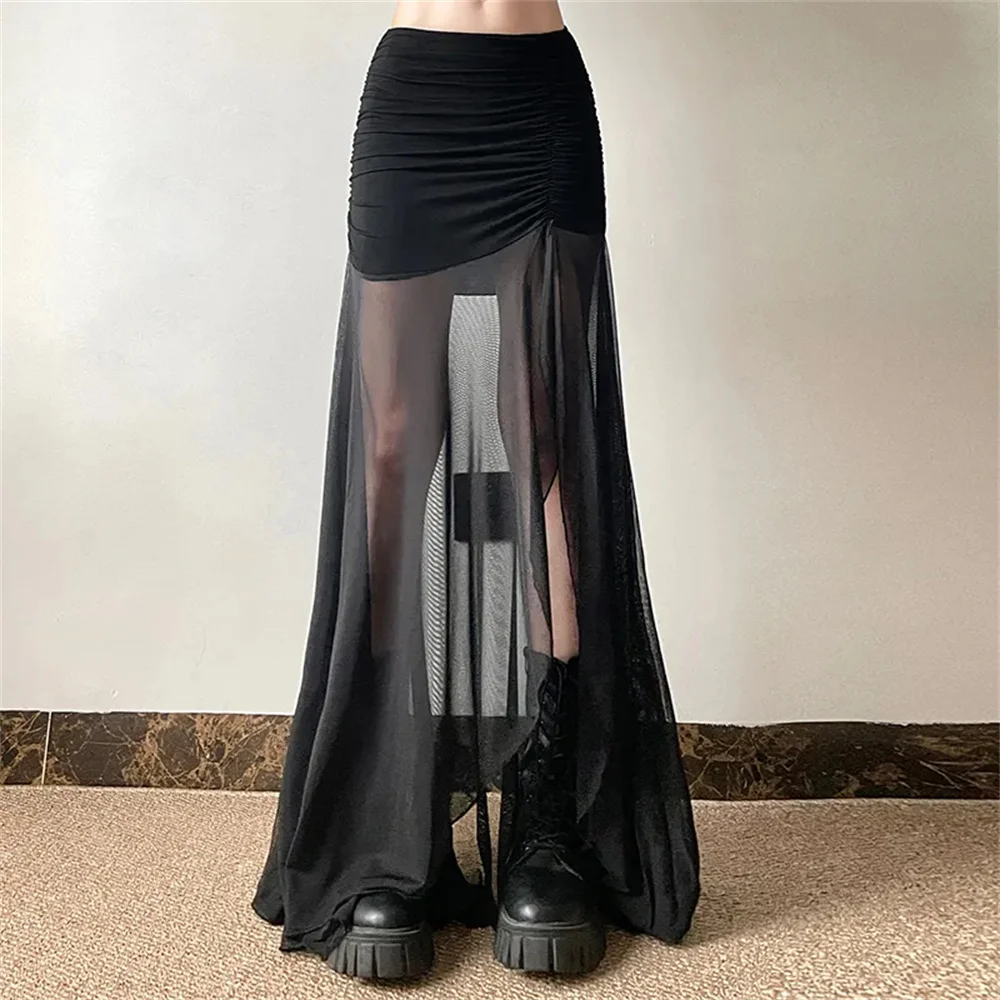 Gothic Dark High Waist Mesh Patchwrok Irregular Mid Skirts Sexy Hem Split Ruched Bodycon Skirt E-girl Y2k Streetwear Alt Bottoms