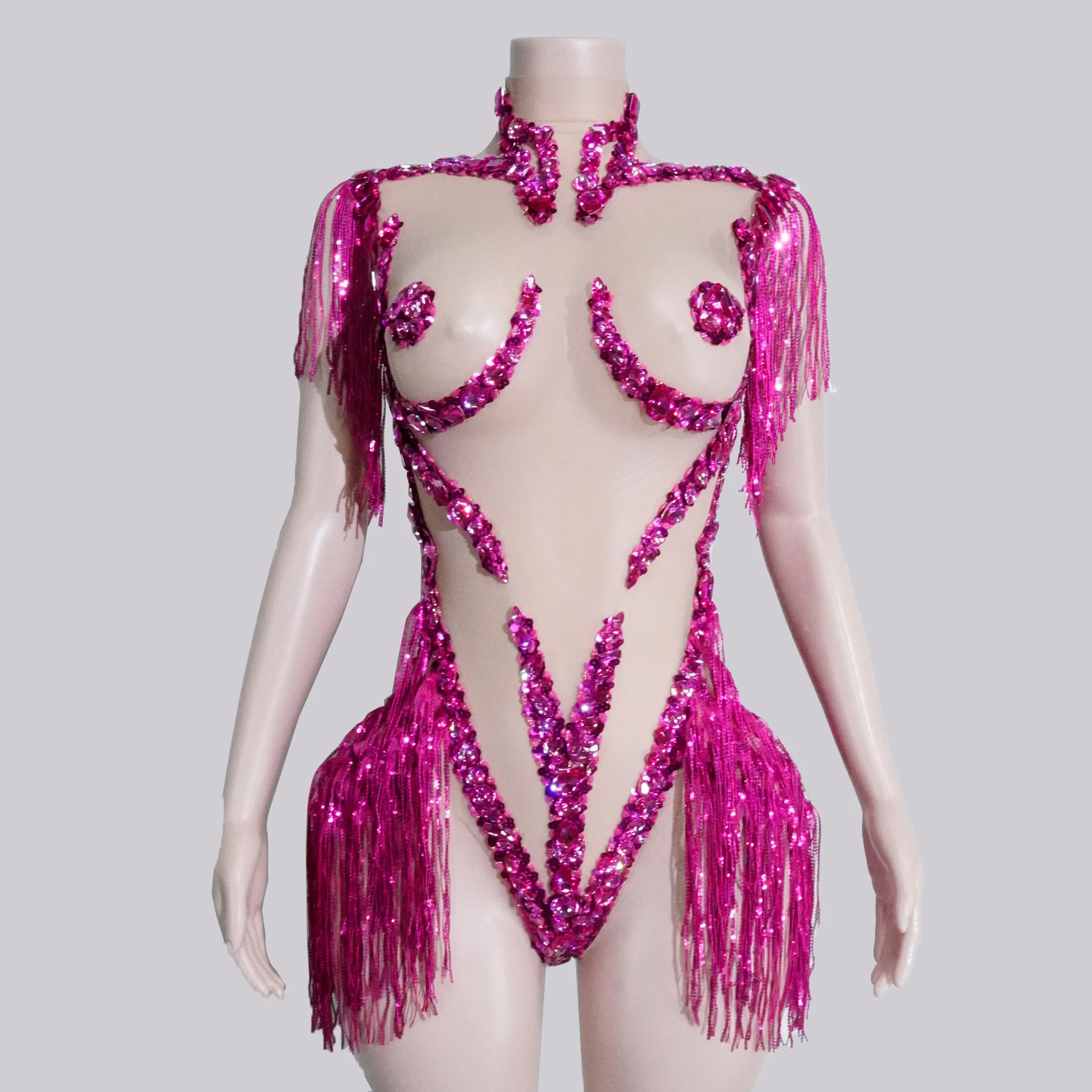 

Glitter Pink Rhinestone Bodysuit Tassels Stage Sexy See-Through Club Wear Dancer Singer Performance Gogo Dance Costume Festival