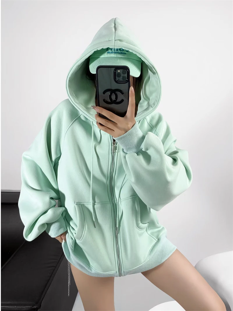 KEYANKETIAN 2024 Winter New Women's Fleece Thick Solid color Hoodies Preppy Style Front Pocket Oversize Zipper Sweatshirts Coat