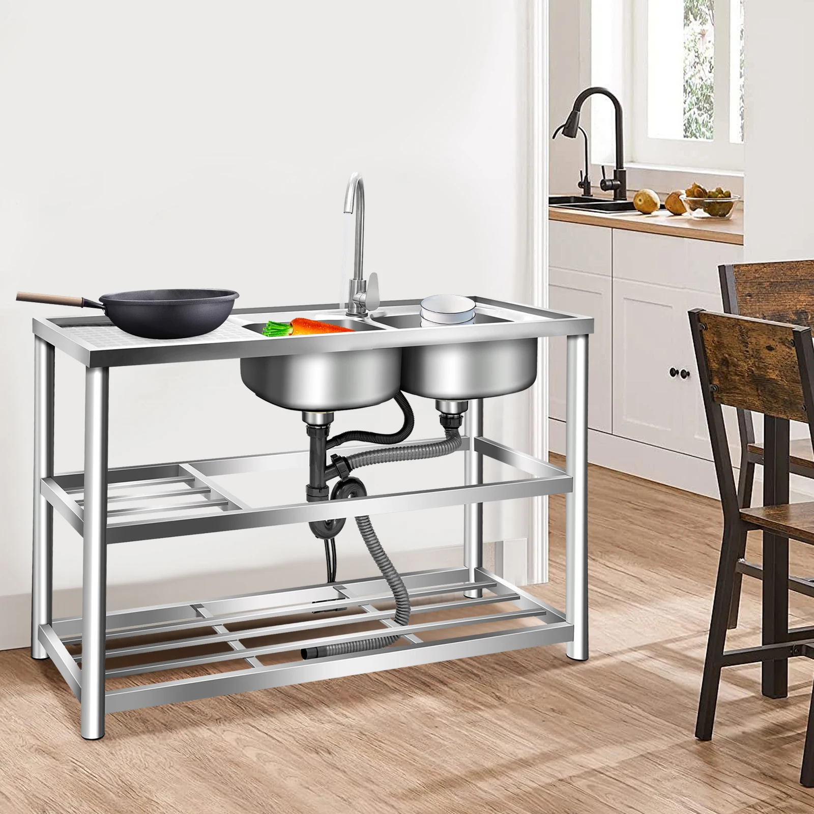 

Stainless Steel Commercial Sink Kitchen Utility Sink 2 Compartment + Prep Table