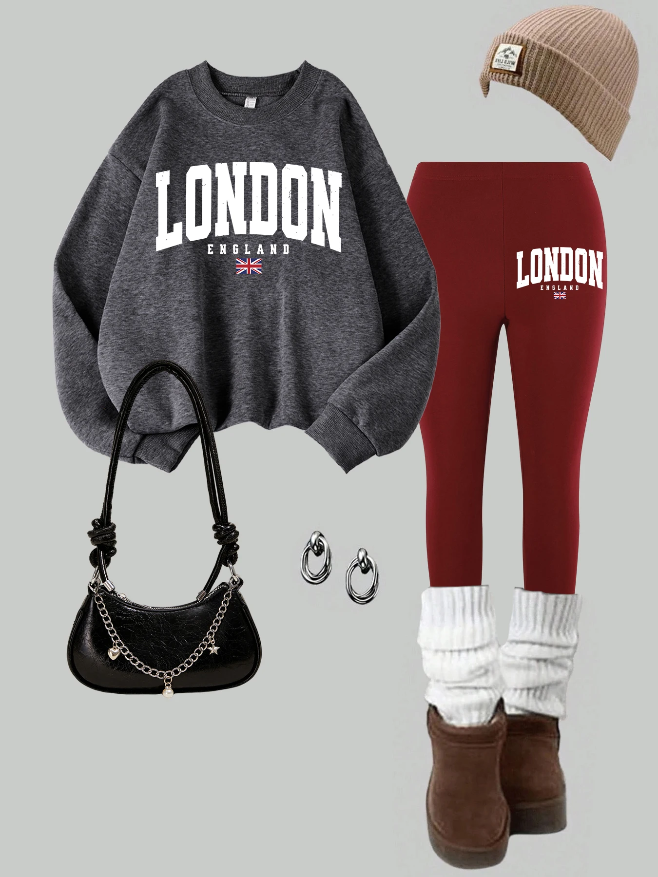 2-delige Dames London England Vlag Afdrukken Sweatshirt Legging Set Straat Fleece Thermische Hoodie Broek Winter Dameskleding