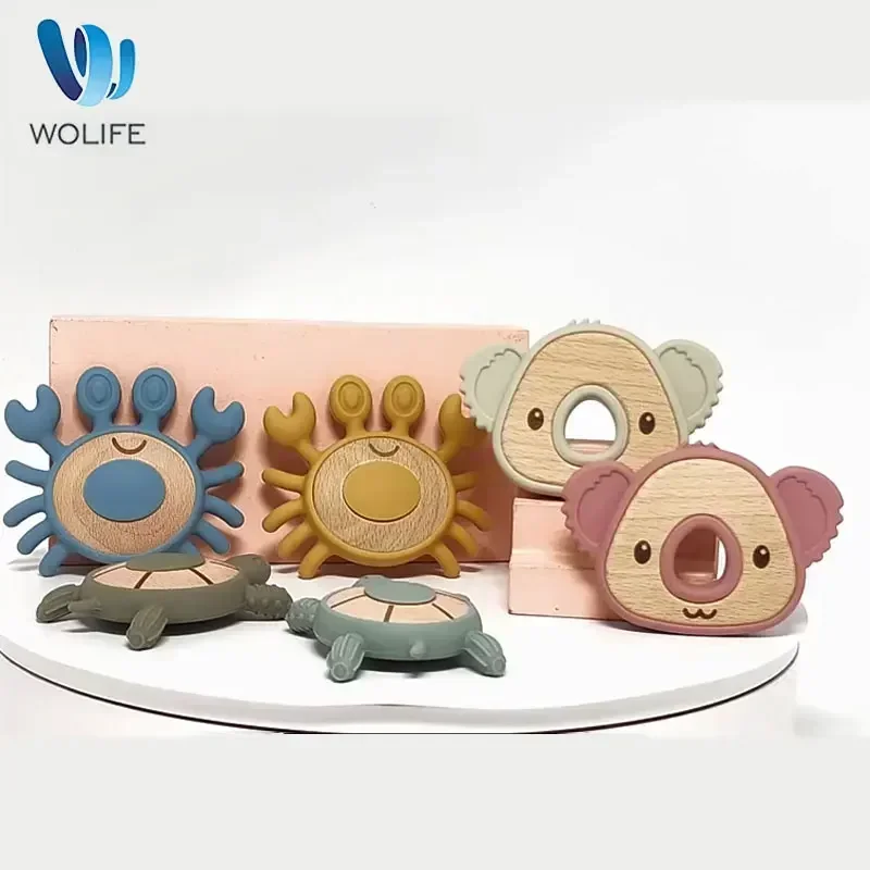 Mordedor de silicona para bebé, mordedor de madera con dibujos de Koala, cangrejo, forma de tortuga, juguetes de dentición de silicona de calidad