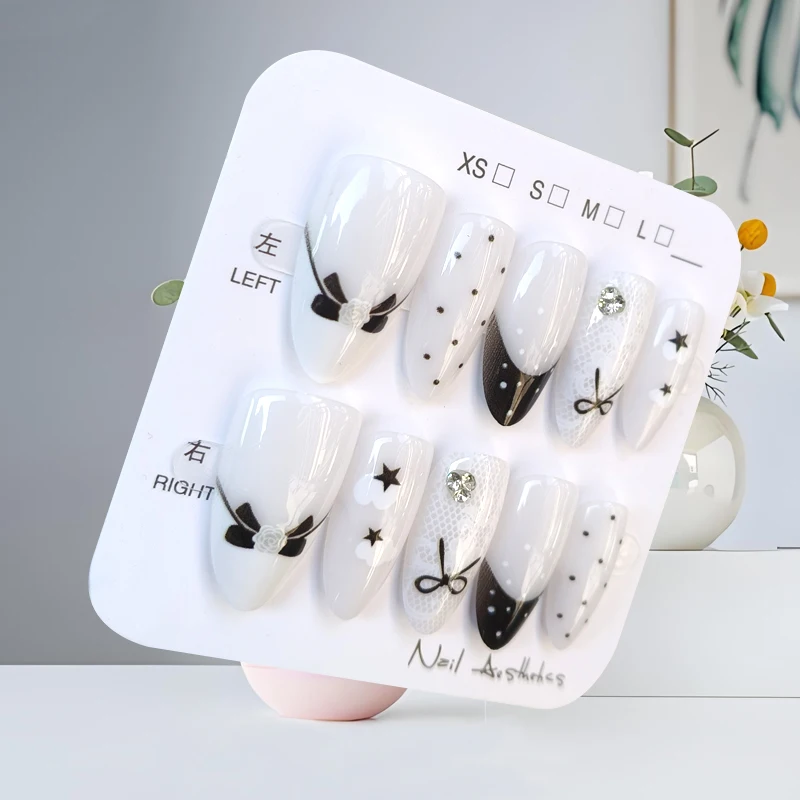10 Uds. De encaje en forma de almendra con lazo de lunares de estilo francés, pegatinas para decoración de uñas en blanco y negro, prensa para uñas postizas