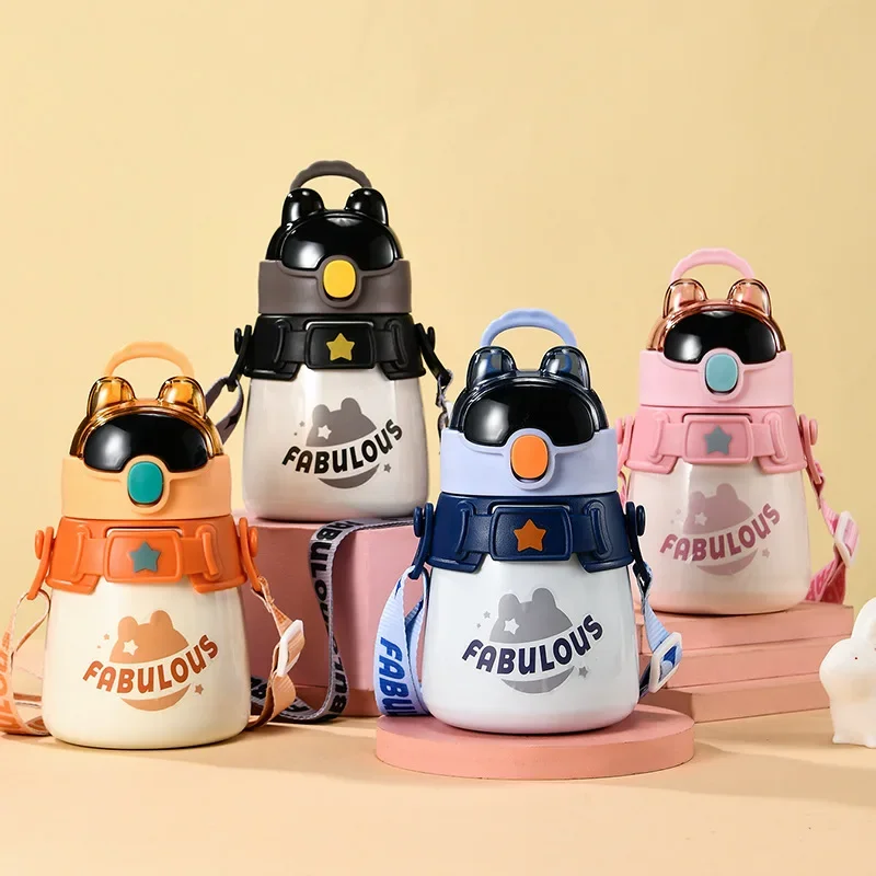 

600ML Children Stainless Steel Straw Thermal Water Bottle with Case Cartoon Leak-Proof Vacuum Flask Kids Thermo cup