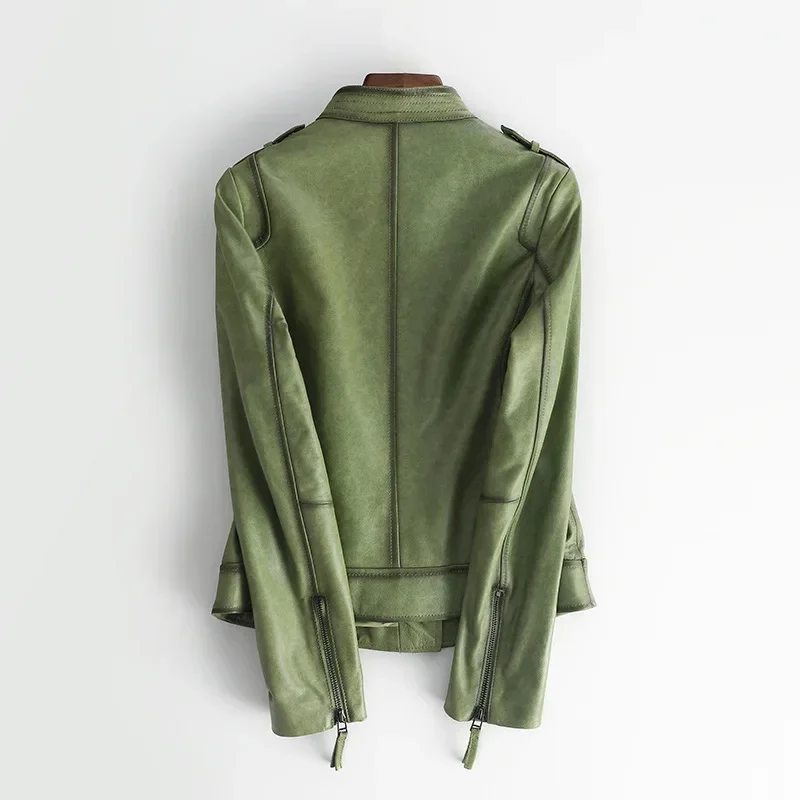 Chaqueta de cuero genuino para mujer, abrigo corto de motocicleta, ajustado, con cuello levantado, color verde, para otoño, 2023