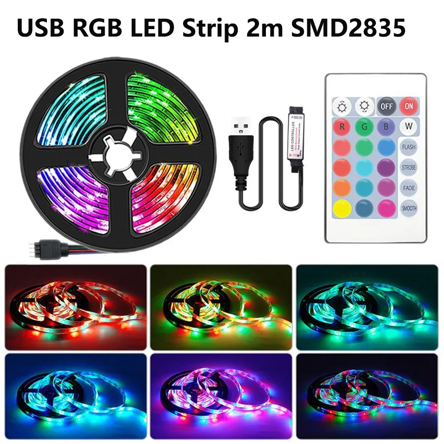 

Неводонепроницаемая светодиодная лента SMD2835 5 В RGB с 24-клавишным ИК-мини-контроллером, подходит для праздничного украшения и домашнего сбора