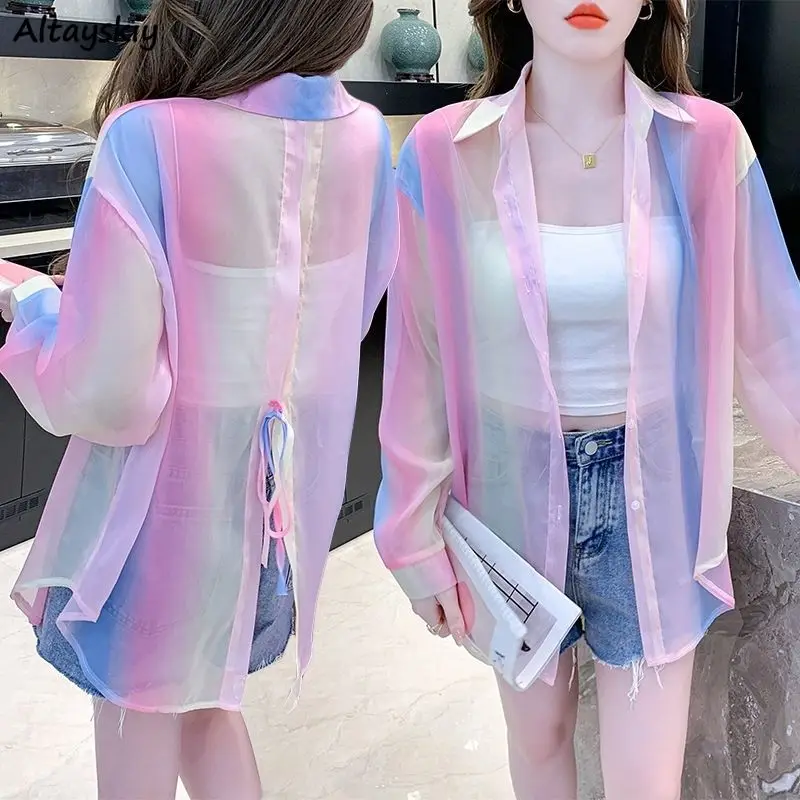 

Shirts Women Sun Protection Rainbow Transparent Fashion Summer Outwear Thin Lady Lace-up Loose Casual All-match Button-up Chic