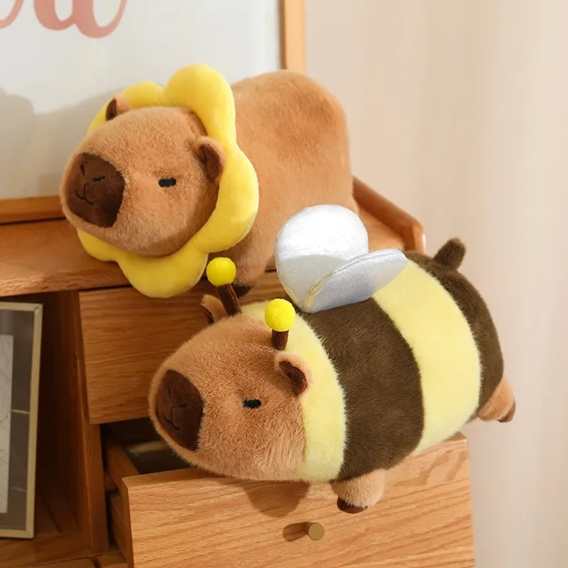 Capivara boneca de pelúcia cosplay leão deitado recheado abelha asa flor anel pão capibara brinquedo de pelúcia para crianças aniversário natal travesseiro presente