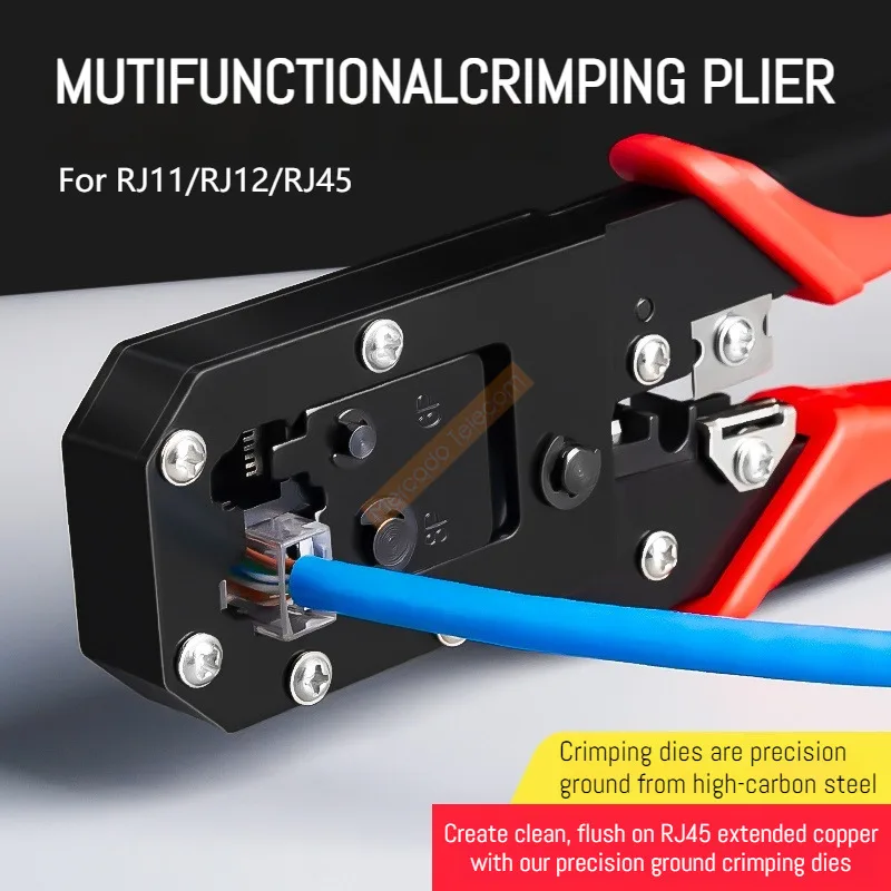 RJ45 Crimping Tool, All-in-one Ethernet Network LAN Cable Stripper Cutter Crimper Tool for 8P/RJ-45 & 6P/RJ-12, RJ-11