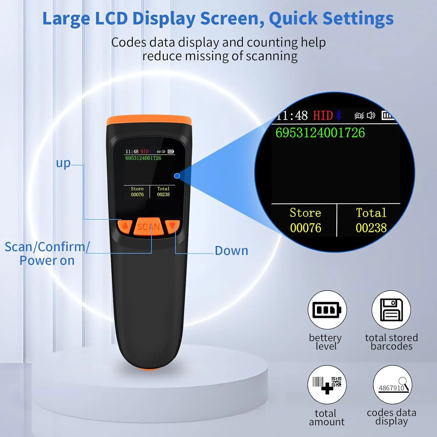 Imagem -02 - Mini Barcode Scanner com Tela Lcd Scanner de Código de Barras sem Fio Scanner de Código qr Portátil para Tablet e pc 2d 2d