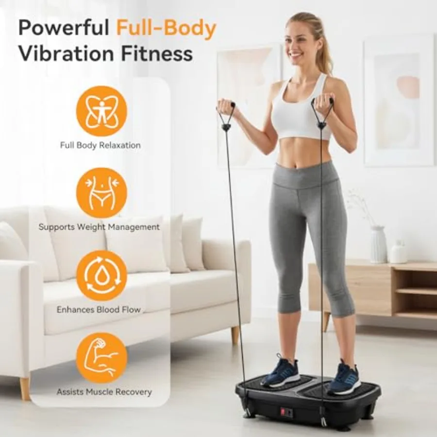 Vibration Plate for home gym use ABS plastic body in black featuring LED touch screen pull ropes remote controlideal for weight