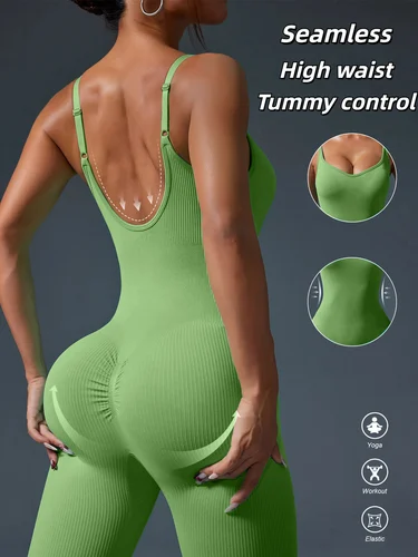 Mono deportivo de Yoga sin costuras de Color sólido, ropa de entrenamiento ajustada Sexy Back-u para mujer, traje deportivo para gimnasio y Fitness, chándal