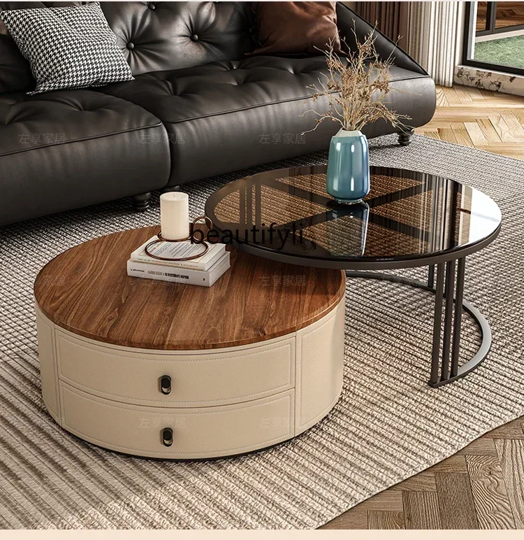 

French Living Room Home Glass Saddle Leather Size round Coffee Table Combination
