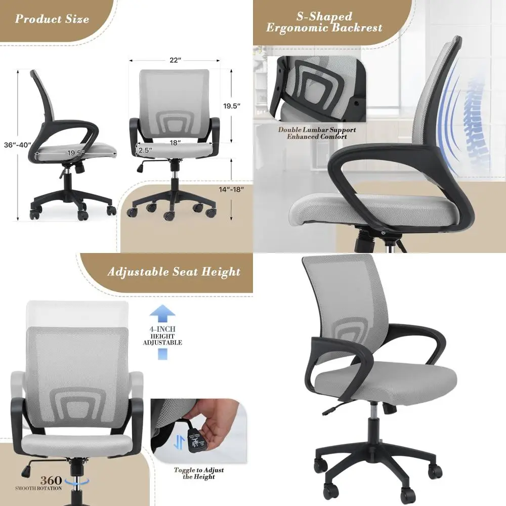 

Ergonomic Mesh Office Chair with Adjustable Height, Rolling Wheels, Comfortable for Home & Study, Light Grey