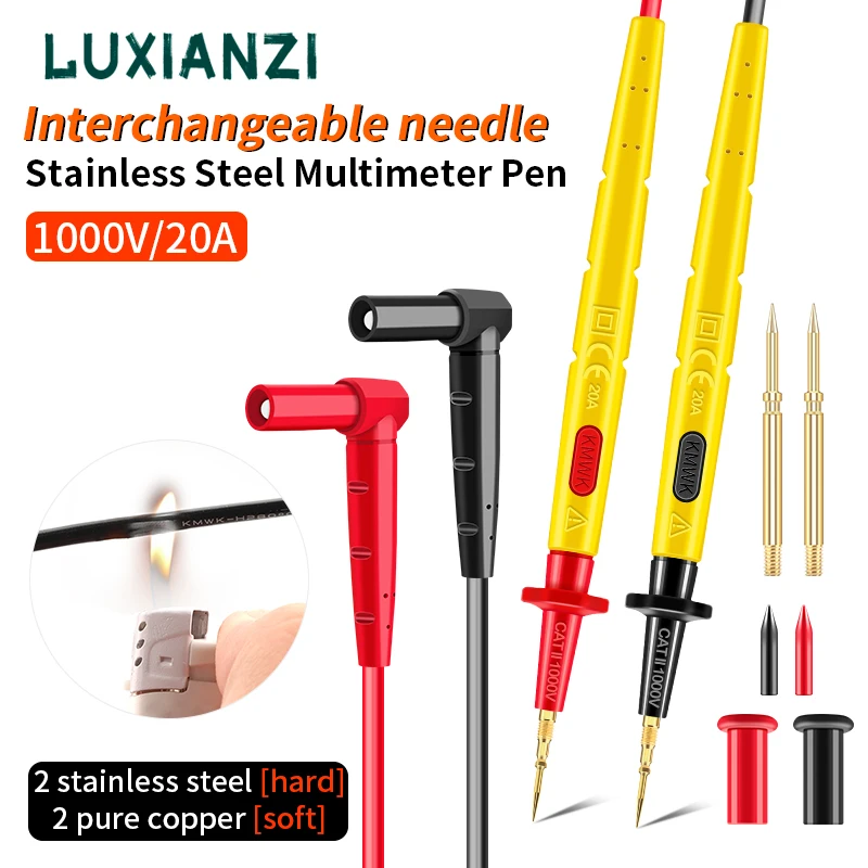 LUXIANZI Stainless steel Multimeter Test Lead Probe Wire Pen Replaceable Tester Wire Tips 1000V 20A Anti-burn/freeze Test Tool