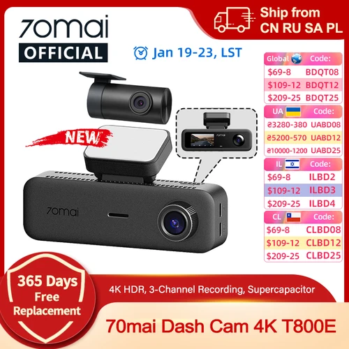 70mai t800e 3 canales delantero 4k + trasero 1080p + interior 1080p HDR supercapacidad GPS WiFi 6 70mai t800e cámara de salpicadero control de voz