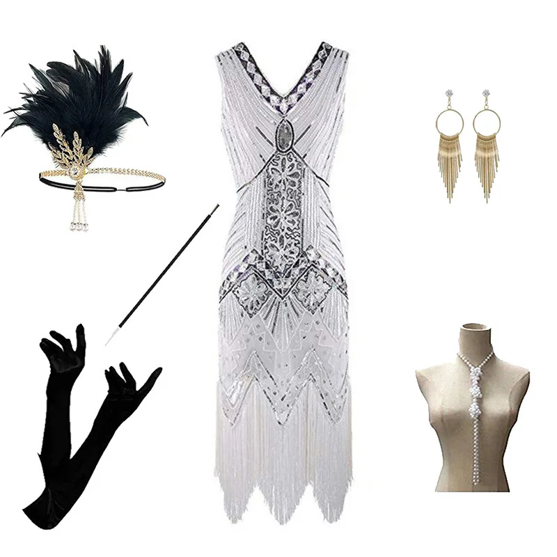 ชุดราตรีสไตล์เรโทรประดับลูกปัดและเลื่อมวิบวับ พร้อมกระโปรงยาวสำหรับงานเลี้ยงและงานเฉลิมฉลอง