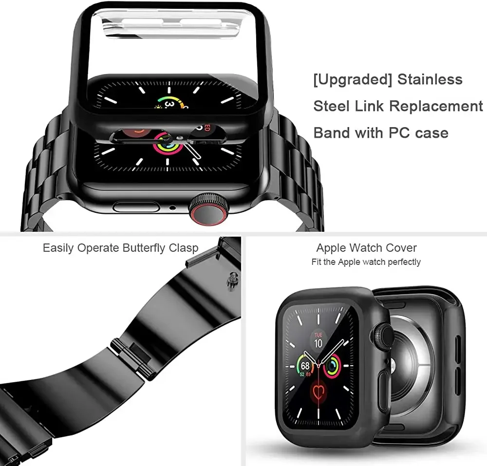 สายรัดโลหะ + เคสสำหรับ Apple Watch ชิ้น9 8 7 45มม. 41มม. สายรัดข้อมือสแตนเลสสำหรับ6 5 4 SE 44มม. 40มม. 3 42มม. 38มม.
