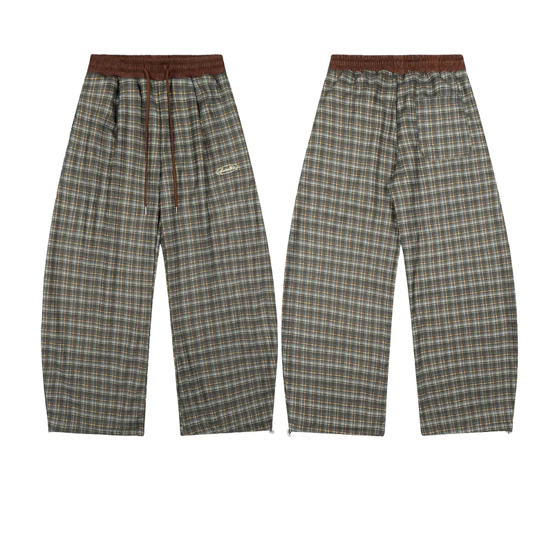Winter New Fleece Plaid Women's Sweatpants American Retro Design Loose Straight Wide-Leg Warm Versatile Casual Long Pants Ladies