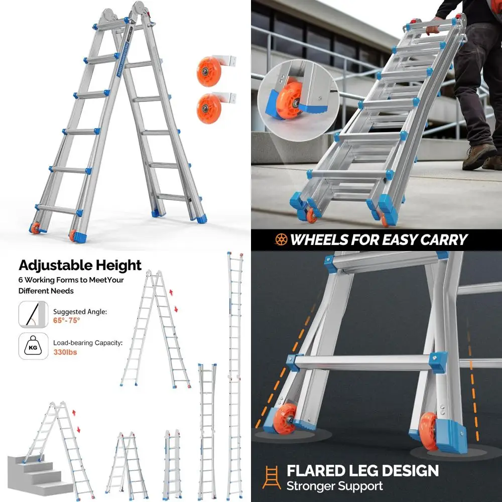 سلم تصغير ذو 6 خطوات - تصل إلى 22 قدمًا، قابل للطي متعدد المواضع، أرجل وعجلات واسعة، سعة 330 رطل، تمديد طويل المدى