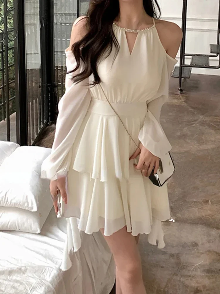 

Summer Round Neck Off Shoulder Women's Sexy Party Dress Spring Korean Fashion Solid Color Long Sleeved Women Chiffon Mini Dress