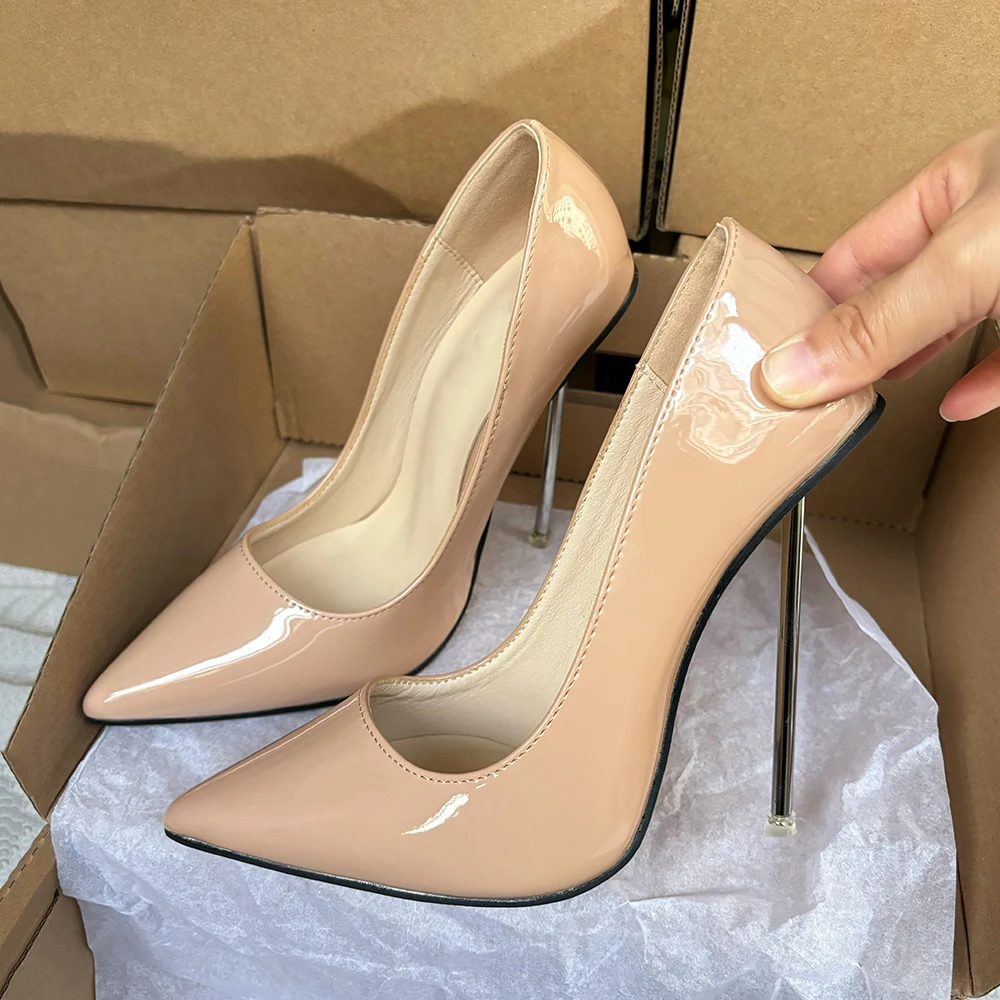 

NEW 12cm Super High Heels Metal Pumps Stilettos Show Apricot Ladies Pointed Toe Man Homosexual Crossdresser Unisex Shoes