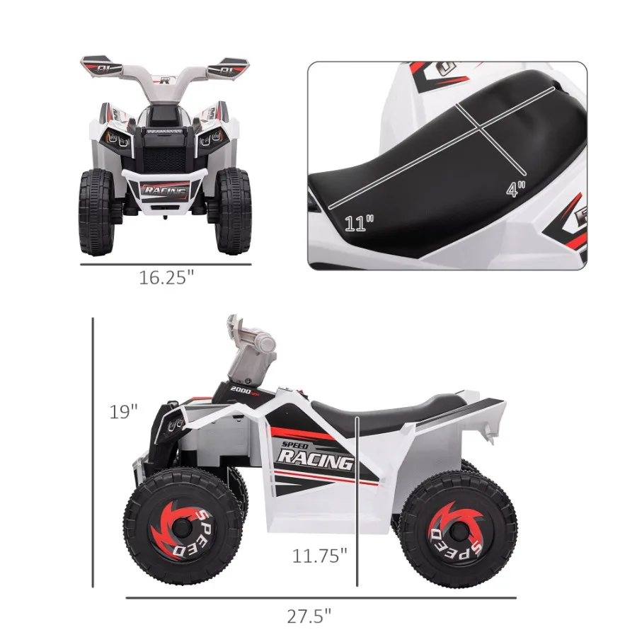ATV Quad Car 6V FourWheeler para con función hacia adelante y hacia atrás Ruedas resistentes al desgaste para niños pequeños de 1836 meses Blanco