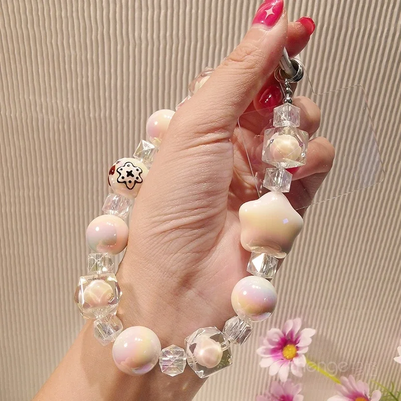 Mobile Phone Chain Lanyard Short Beaded Bracelet Cream Star Bead Pendant Graffiti Bead Pendant for Girls  Phone Charm  Lanyard