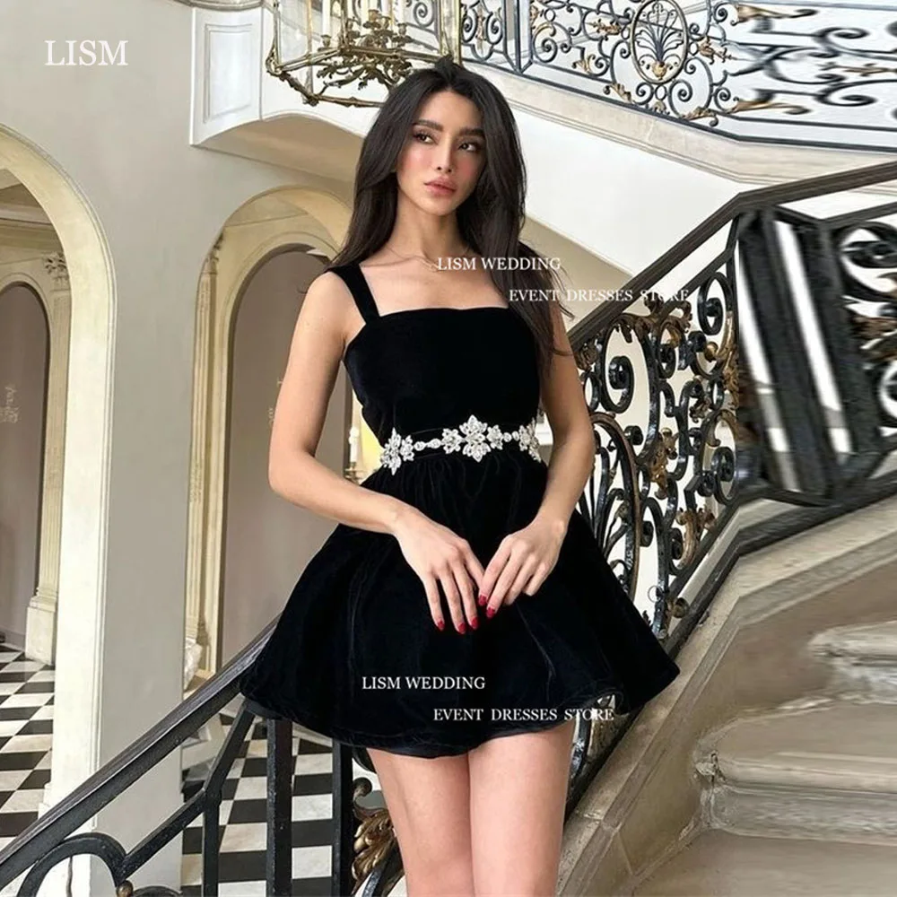 

LISM Glitter Black Velvet Mini Short Formal Dresses Square Collar Sleeveless A-Line Pleat Evening Party Dress For Women 2024