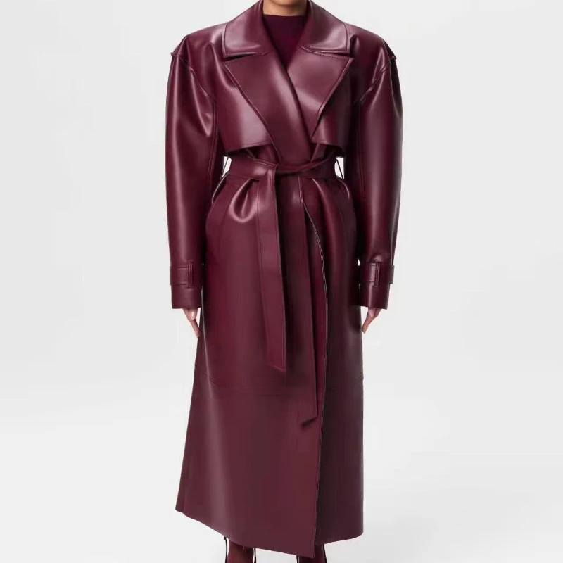 Vintage Y2K Streetwear Elegant Women PU Leather Long Trench Coat, Lapel Belted Waist Maxi Overcoat Autumn Winter Fashion Outfit