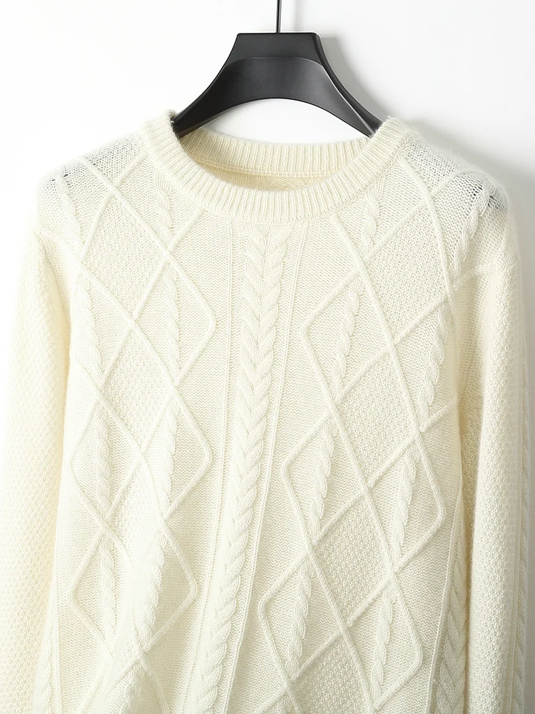 

Autumn Winter Men Wool Sweater O-neck Pullovers Thicken 100% Merino Wool Knitwear Twist Flower Long Sleeve Cashmere Clothing Top