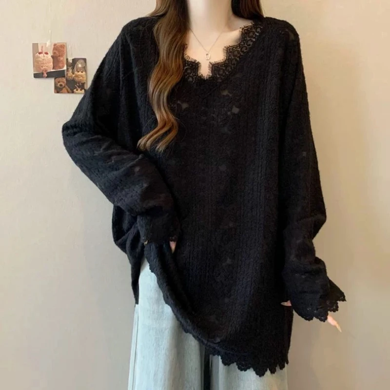 V Neck Lace Patchwork Loose Lazy T Shirts New Spring Autumn Solid Long Sleeve Simplicity Korean Tops Fashion Trend Women Clothes