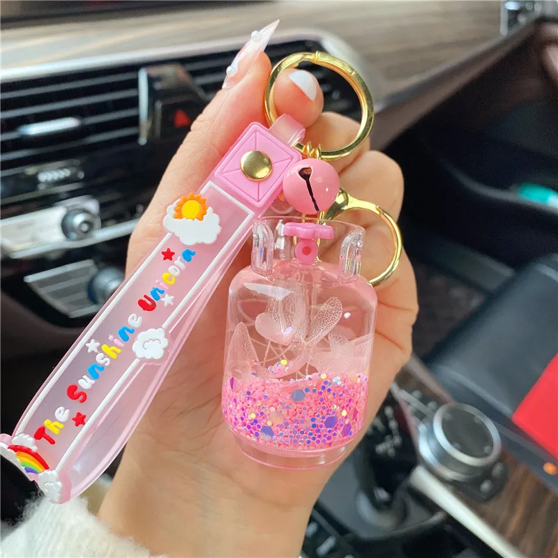 3pcs Cartoon Oil Floating Dried Flower Luminous Gas Jar Bottle Key Chain Female Colorful Beaded Quicksand Sequin Liquid Keychain