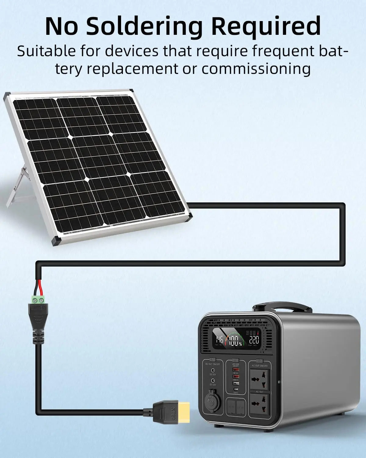 30cm/1Ft XT60 Male to 2pin Terminal Adapter Solderless XT60 Connector Cable for Portable Power Station, Drone, Solar Panel