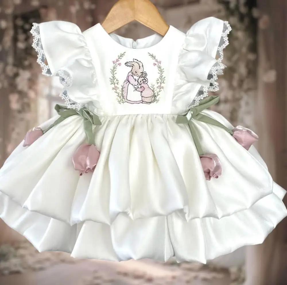 0-12Y Baby Girl Summer Rabbit Embroidery White Vintage Princess Dress for Birthday Photography Holiday Eid B6