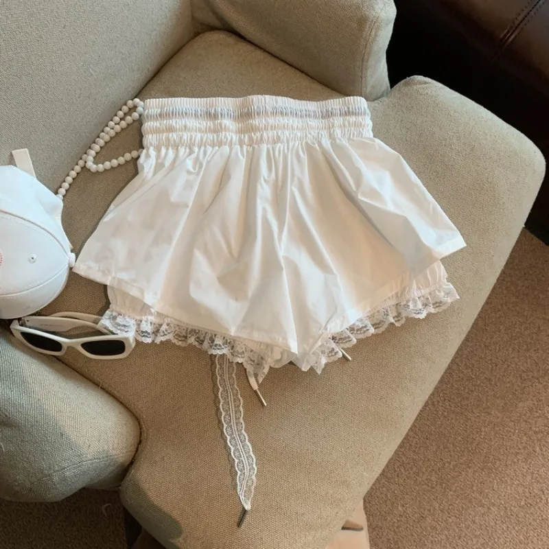Fashion Women's Patchwork Lace Casual Shorts Niche Design Versatile High Elastic Waist Drawstring Short Pants  Womens Shorts