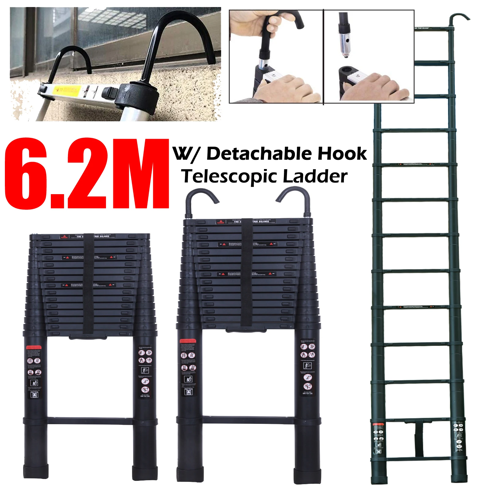 Drabina teleskopowa 6,2 m z haczykami, 6,2 m (20,3 stopy) wielofunkcyjna składana aluminiowa drabina teleskopowa, drabina składana, drabina rozsuwana