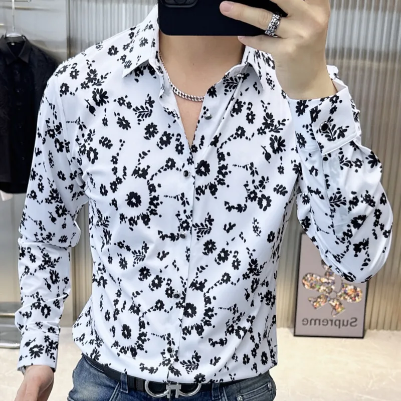 

Korean Slim Fit Trendy Men Shirt 2024 Spring Long Sleeved Floral Shirt For Men Casual Vintage Tuxedo Shirt Camisa Social Hombre