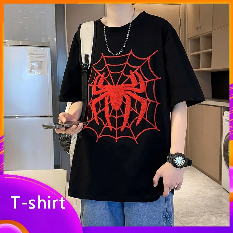 2024 Spider Man Summer T-shirt Men's Casual Fashion Embroidery Print Retro 5/4 Sleeve Cotton Short-sleeve Top Man Adult Gift