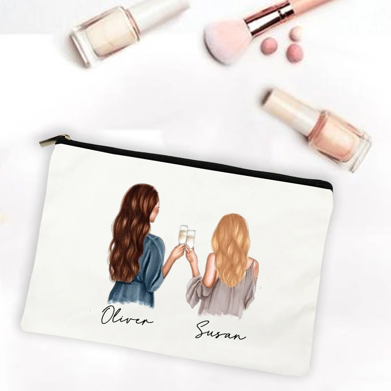 Best Friend Cartoon Girl Print Makeup Bags Personalized Custom Name    Cosmetic Pouch Travel Toiletry Organizer Gifts for Friend