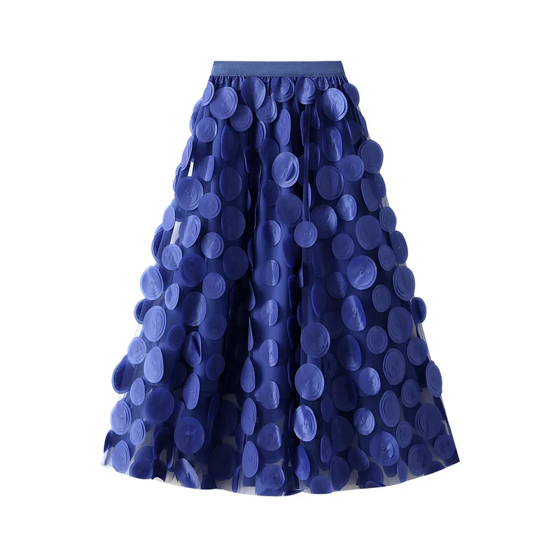 3D Polka Dot Mesh Skirt Elegant Hepburn A-line Umbrella Skirt Elastic Waist Summer Skirts Big Swing French Mesh Dress Y2k Robes