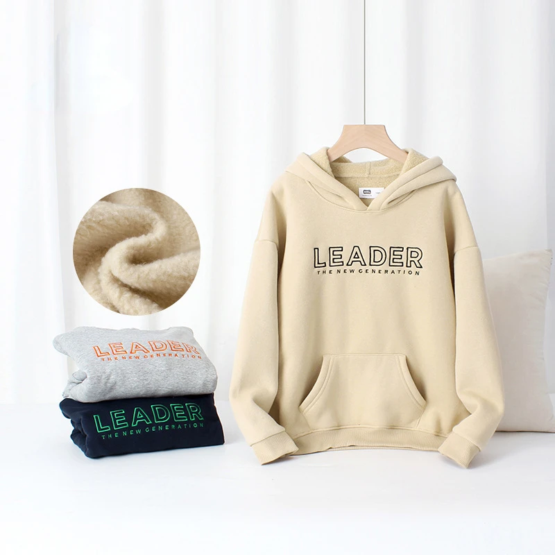 

Autumn and Winter Fleece Solid Color Letter Printed Casual Hoodies Children's Long Sleeved Hooded Sweatshirt Boys