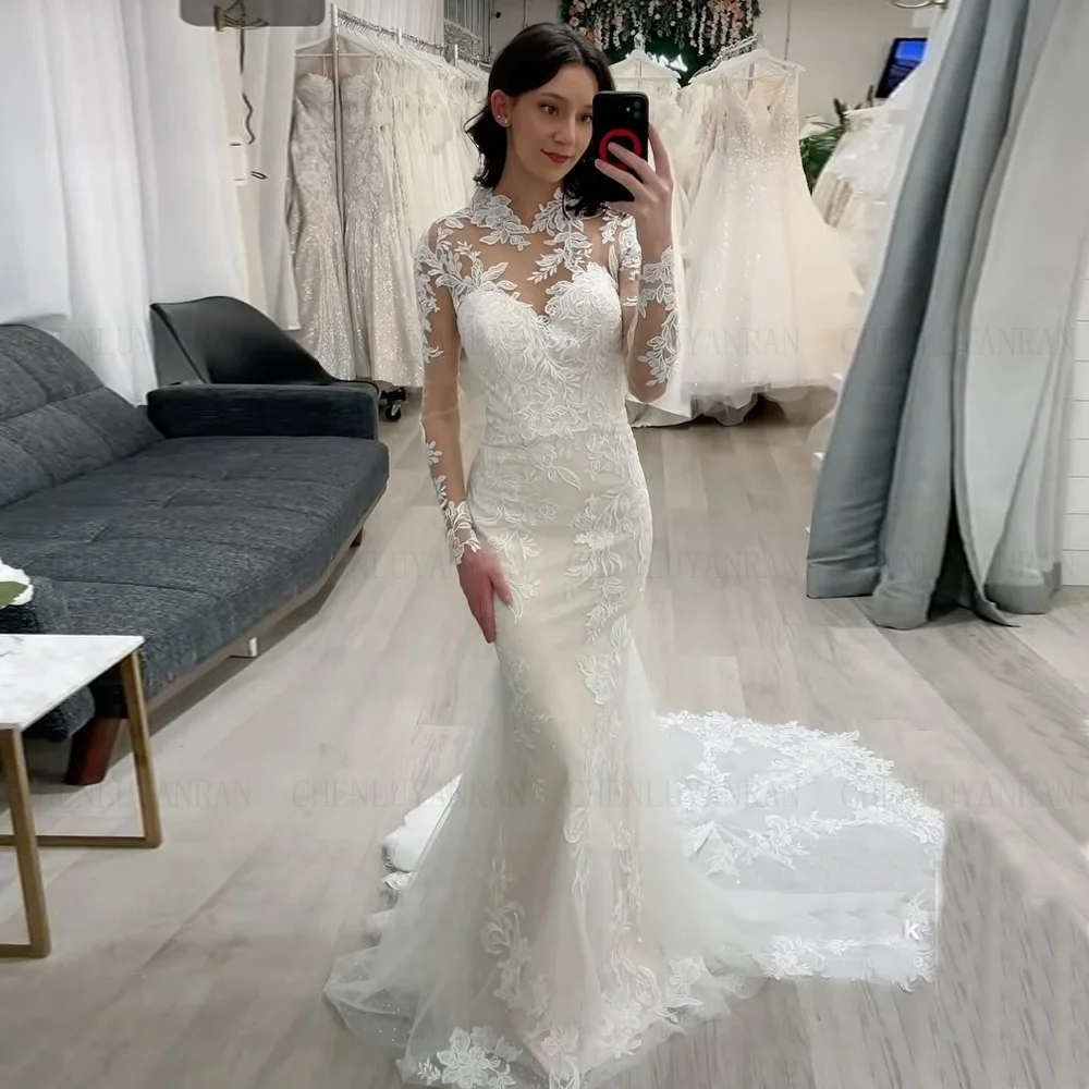 Mermaid Applique Wedding Dress High Neck Ivory Long Bride Dress Full Sleeves High Quality Dress For Women 2024 Robe De Mariée