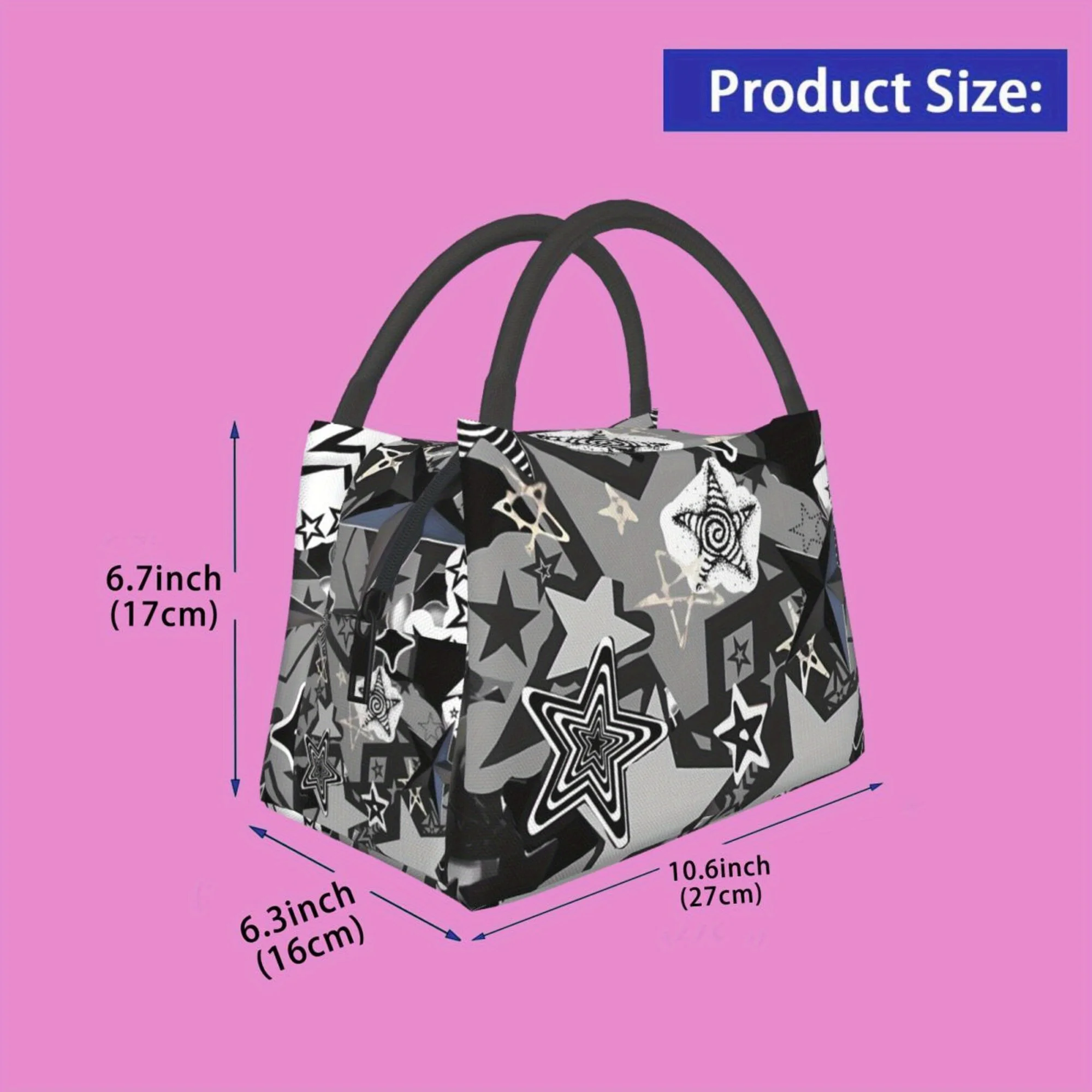 1pc Black and White Five-pointed Star Pattern, Portable Reusable Cooling Bag, Insulated Bag, Insulated Lunch Bag