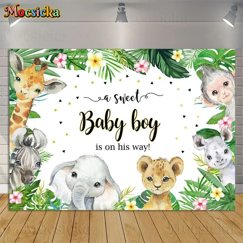 

A Sweet Baby Boy Is On His Way Background Safari Theme Tropical Jungle Animal Props Kids Birthday Portrait Backdrop Photo Studio