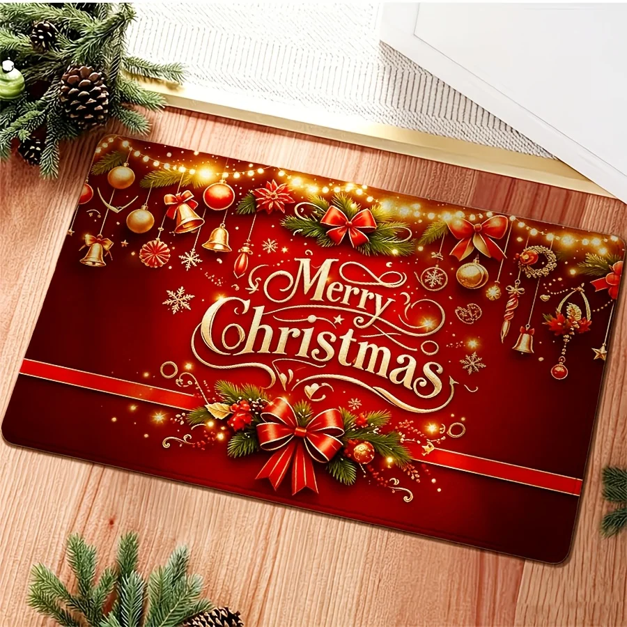 Merry Christmas Bell Bauble Print Door Mat home decor front porch patio villa entry cabin backyard seasonal floor rug gift