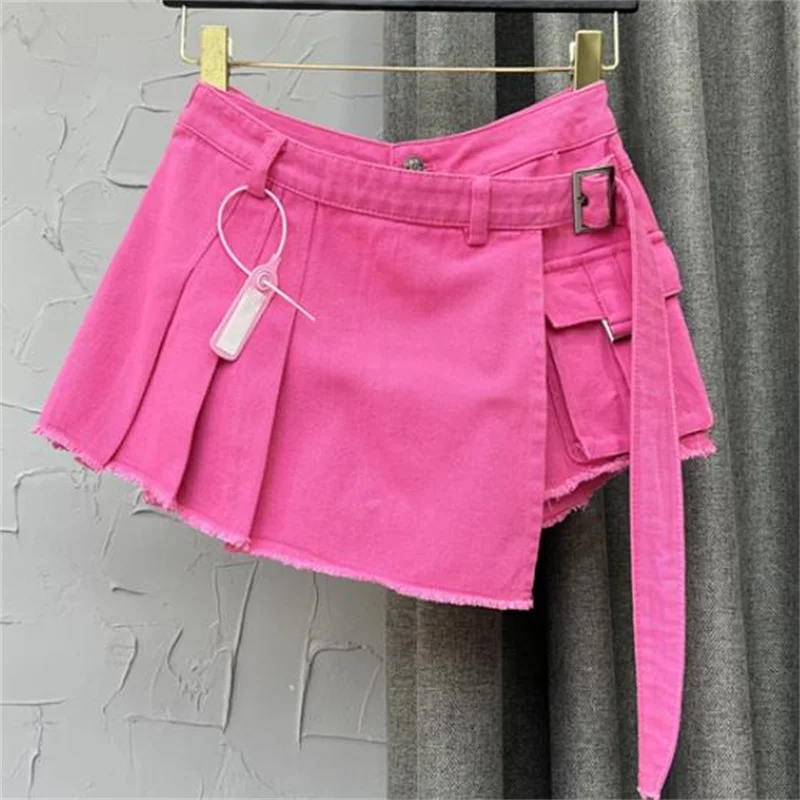 

Rose pink BLUE asymmetric A line short skirt women's summer wide-leg denim skirt