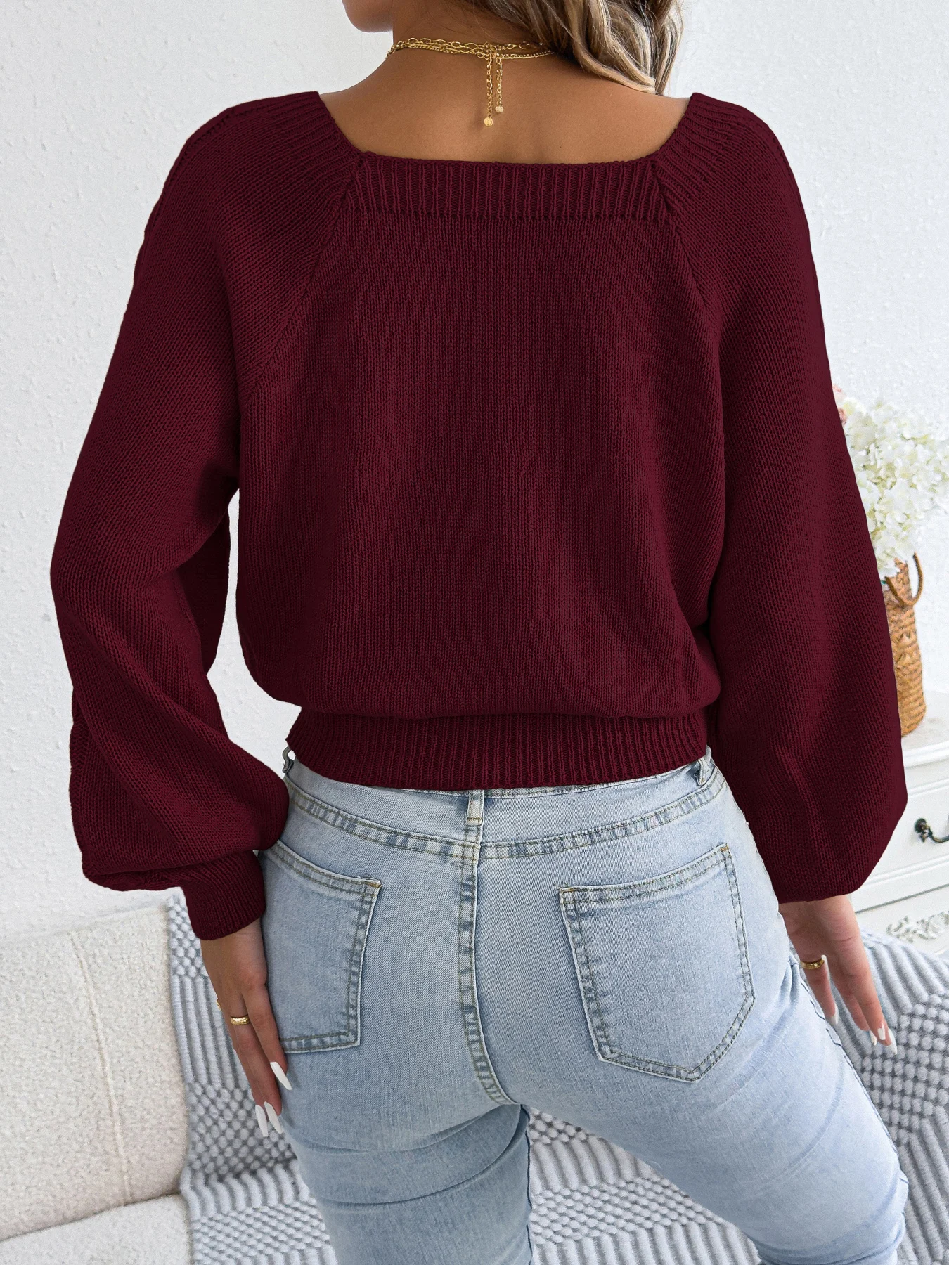 NEW Winter Square Neck Sweater Solid Color Tie Waist Long Sleeve Pullover Ski Resort Ready Vacation Essential Crochet Knit Women