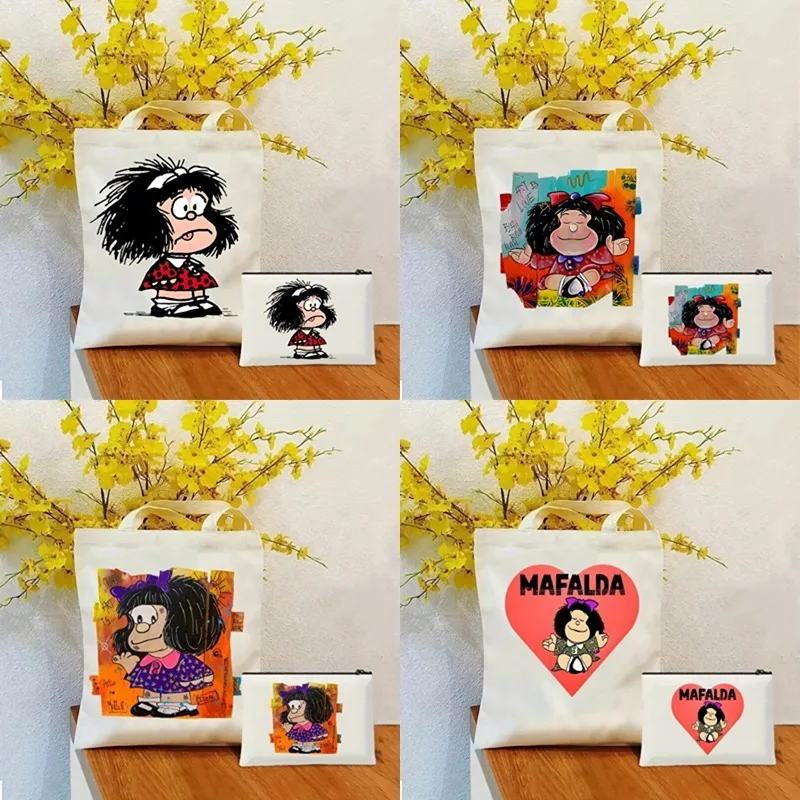 2 pezzi Toda Mafalda Tote Cosmetic Bag Set borsa a tracolla in tela moda donna Eco borsa per la spesa di grande capacità regalo