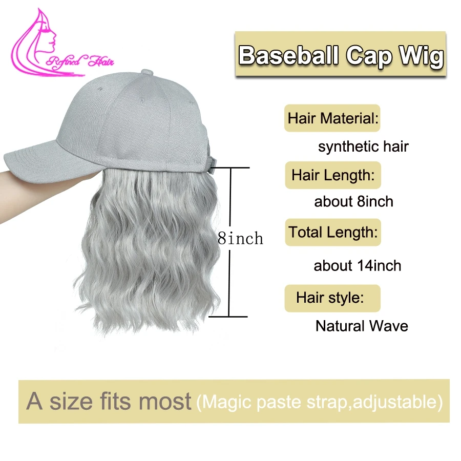 Baseball Cap Hair with Wave Curly Bob Hairstyle Adjustable Wig Hat Attached Short Hair Extensions Synthetic for Women Girls